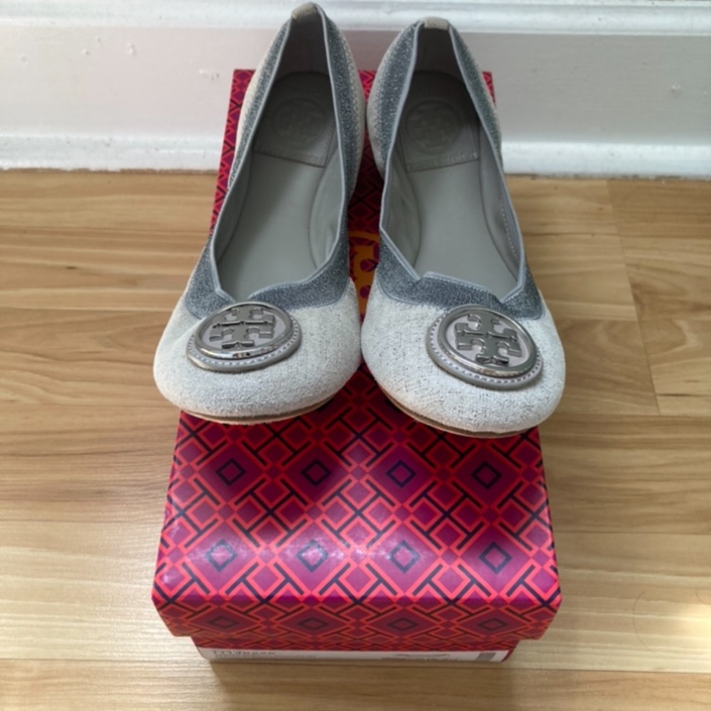 TORY BURCH CAROLINE 2 SPARKLY PEWTER/MERCURY BALLET FLATS SIZE 6